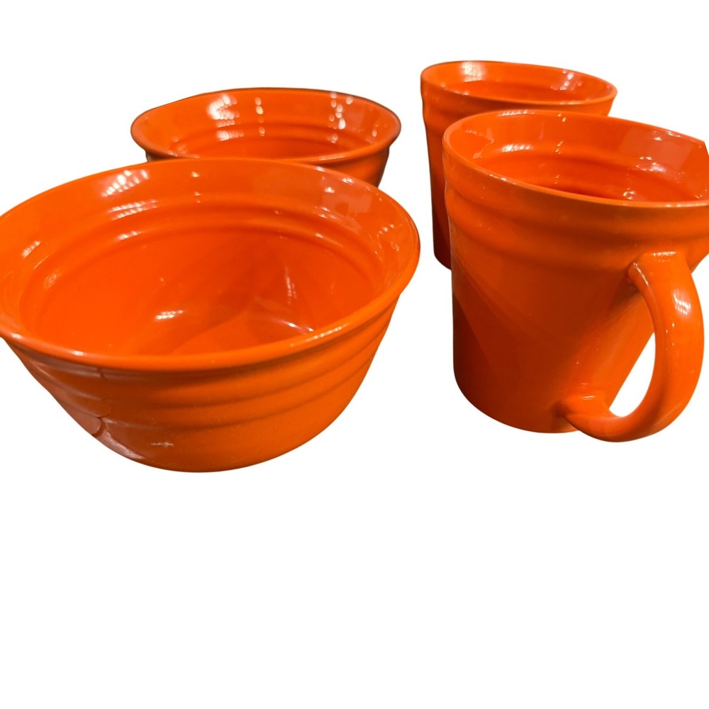 Rachel Ray Double Ridge Tangerine Orange Set of 4 (2 mugs 2 bowls) SKU 58560